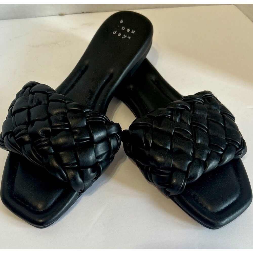 A New Day Women's Black Carissa Woven Strap Open-Toe Slide Sandals Size 6.5